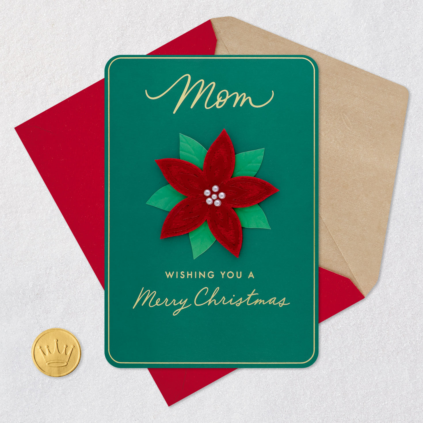 Red Felt Poinsettia Christmas Card for Mom Card Front with Envelope and Gold Seal image number 5