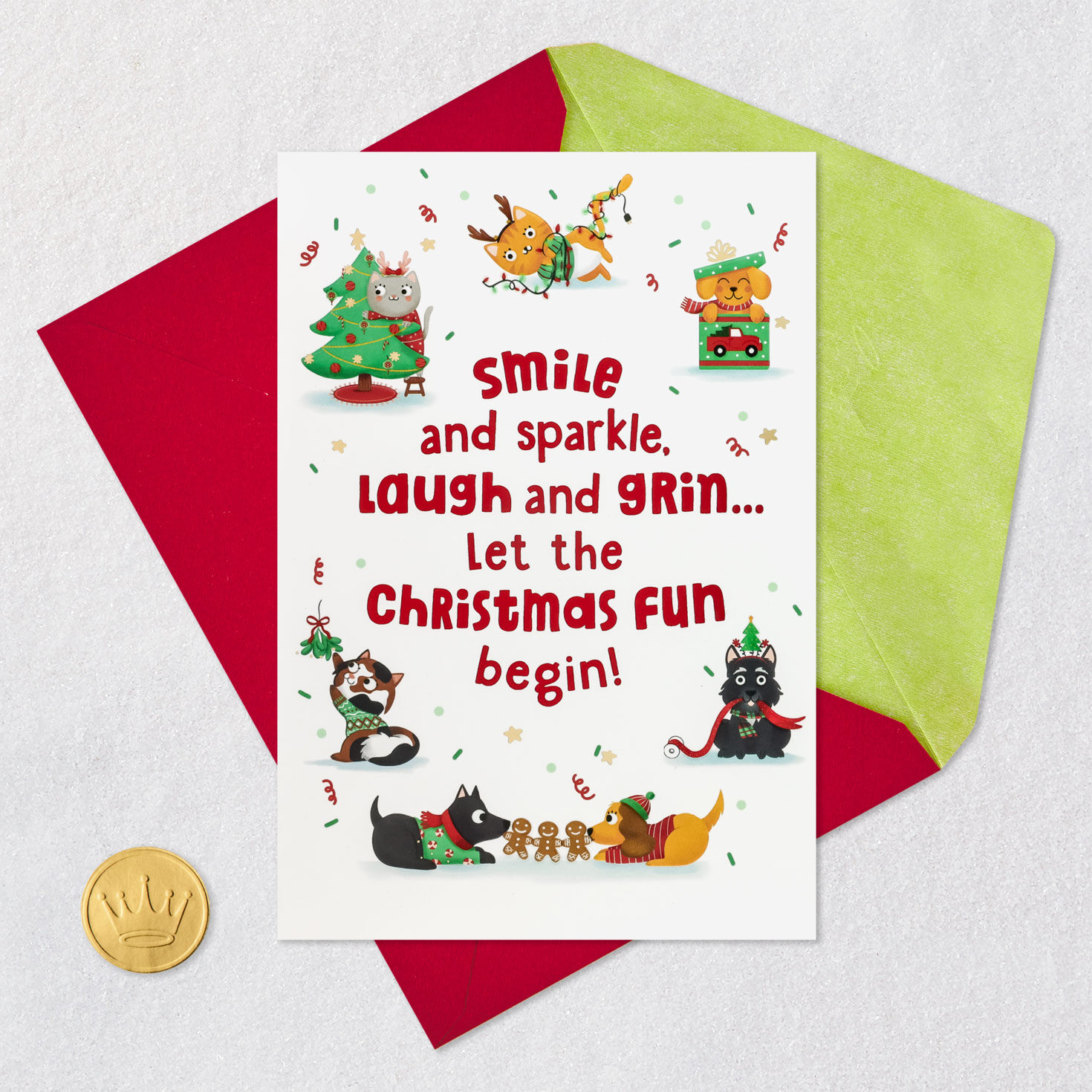 Cute Cats and Dogs Christmas Card for Granddaughter Card Front with Envelope and Gold Seal image number 6