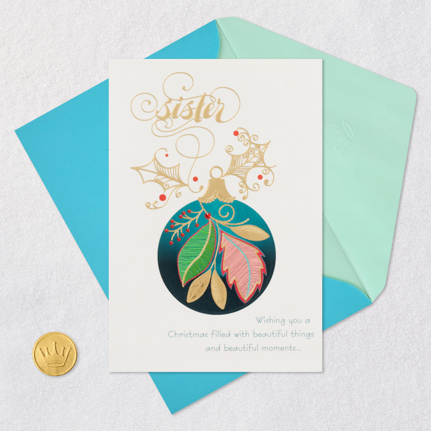 Ornament Christmas Card for Sister Card Front with Envelope and Gold Seal image number 5