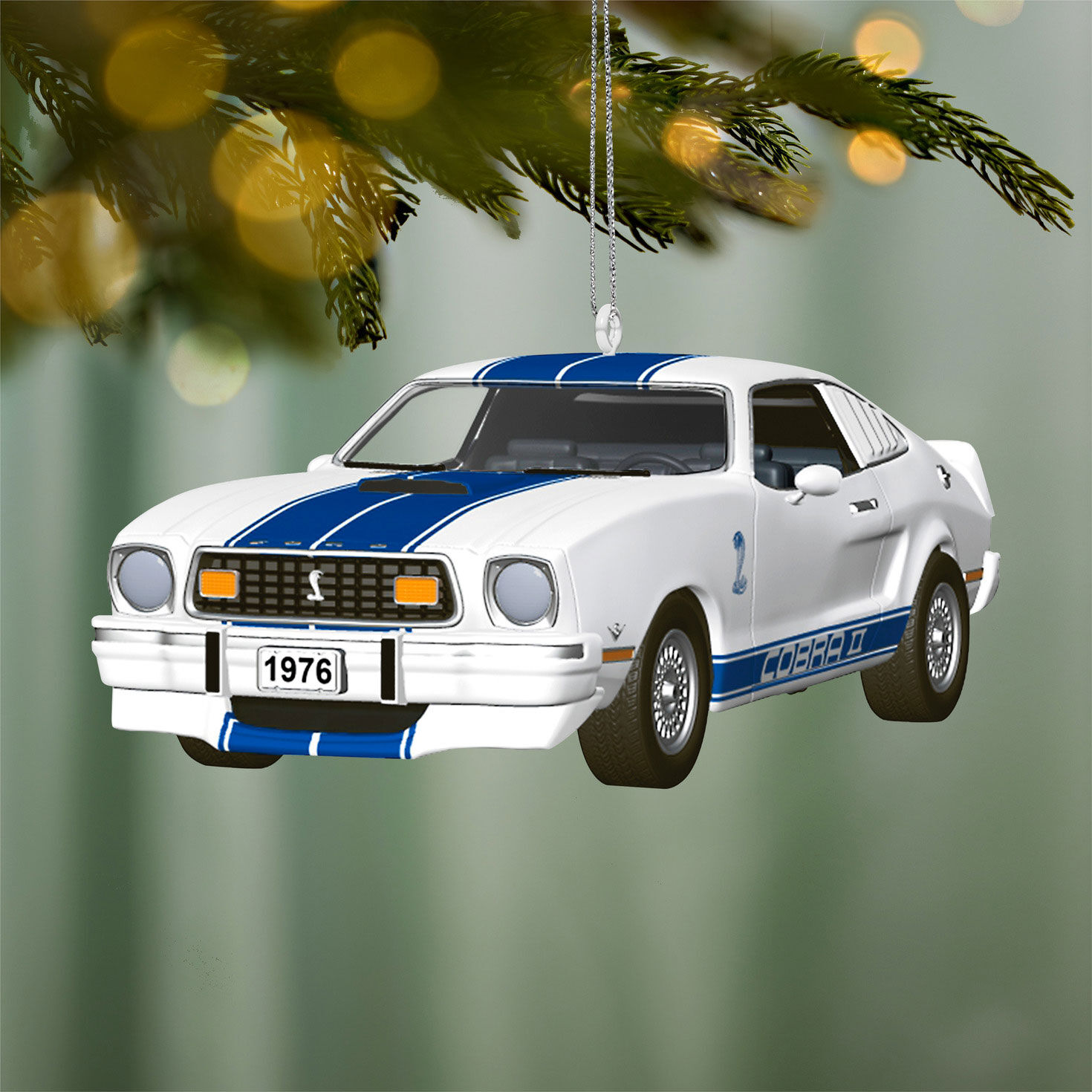 White Blue Ford Mustang Sports Car Keepsake Ornament hanging on tree image number 2