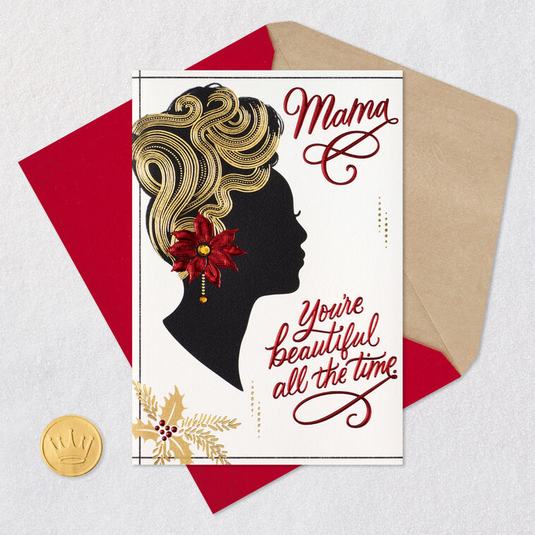 Black Woman Silhouette with Poinsettia Christmas Card for Mom Card Front with Envelope and Gold Seal image number 7