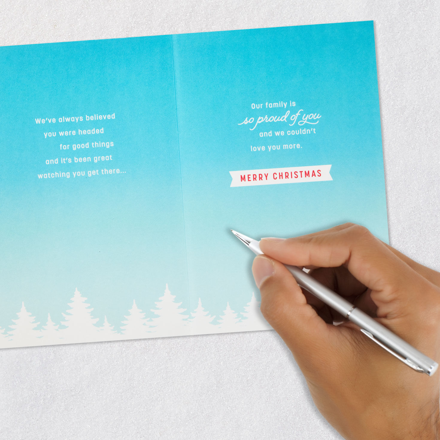 Red Gondola Snowy Mountain Christmas Card for Son signing card image number 7
