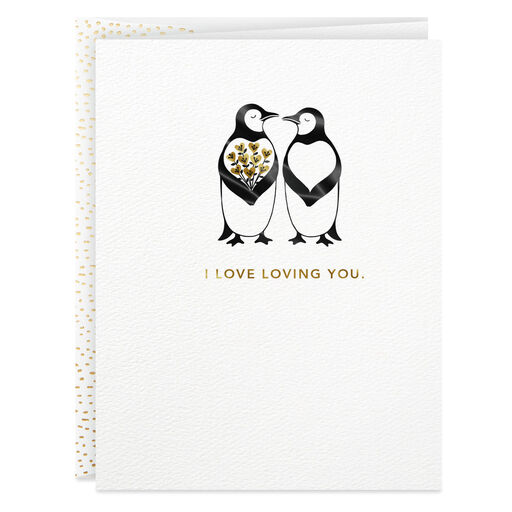 Two Penguins and Heart Bouquet Love Card, 