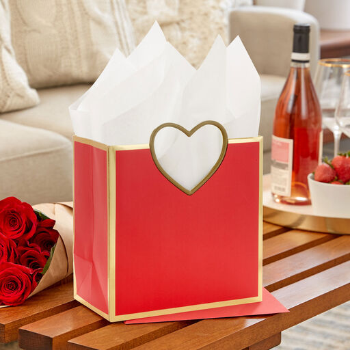 7.7" Gold Heart Handle Medium Red Square Gift Bag, 