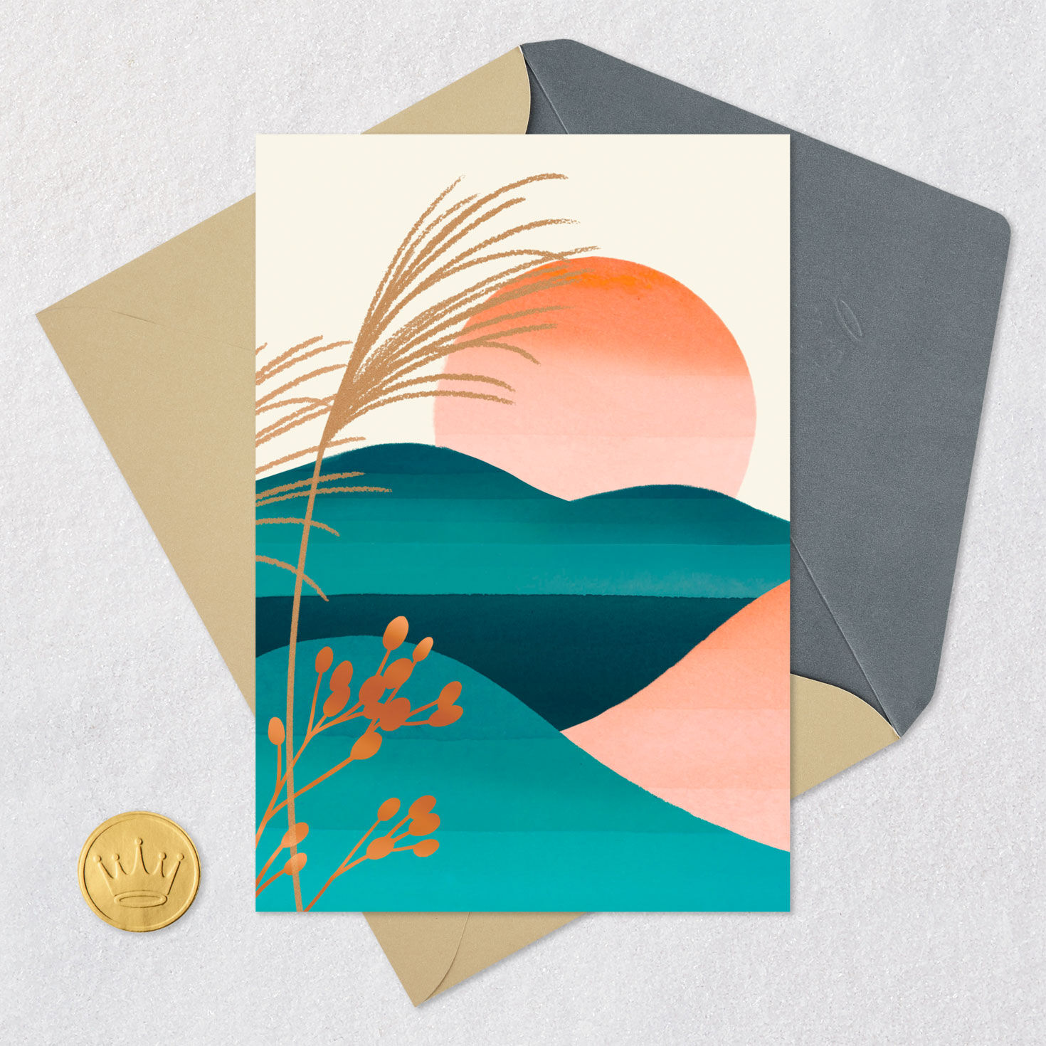 Sunset Landscape Blank Card Card Front with Envelope and Gold Seal image number 4