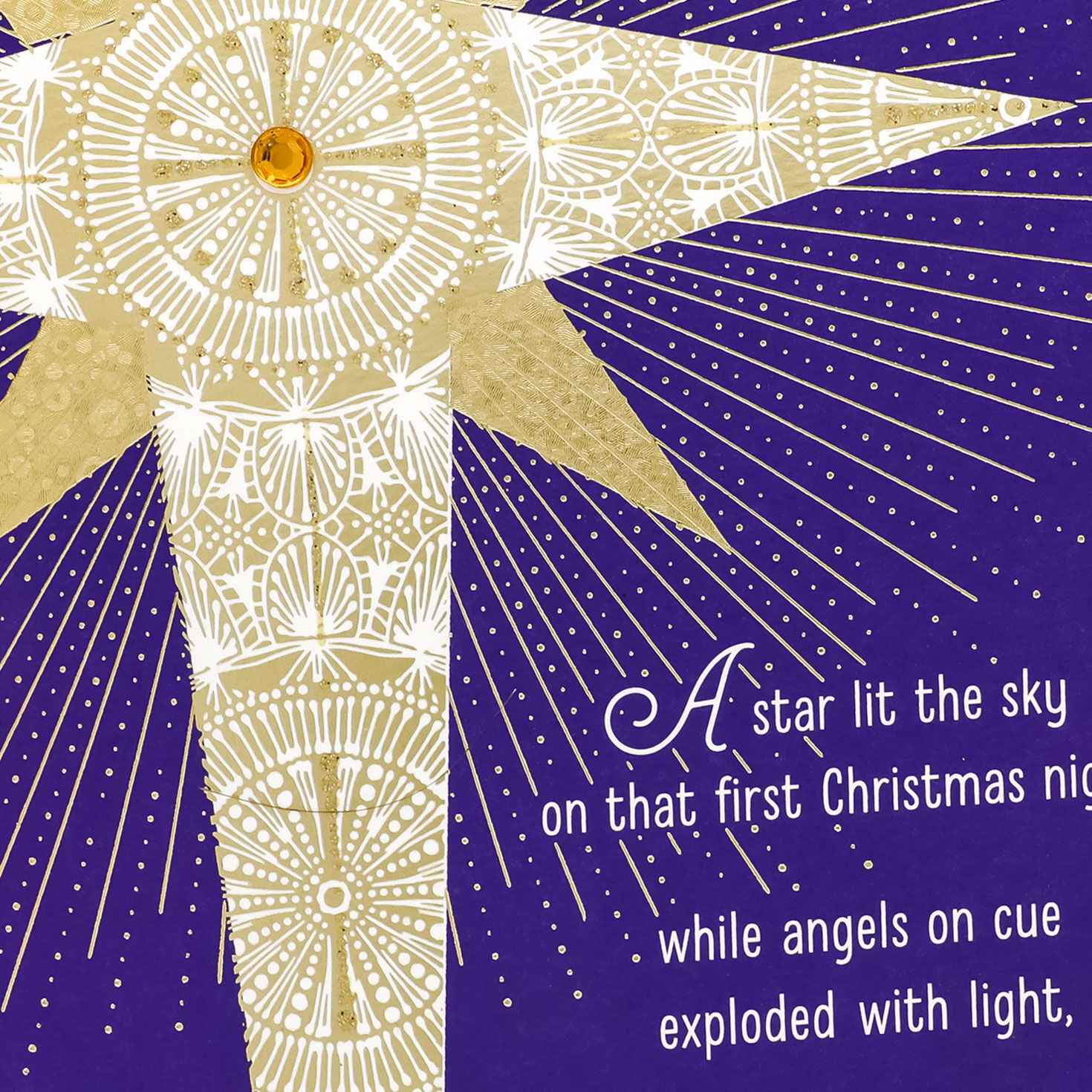 Gold Star on Purple Sky Religious Christmas Card Card Front Detail image number 4