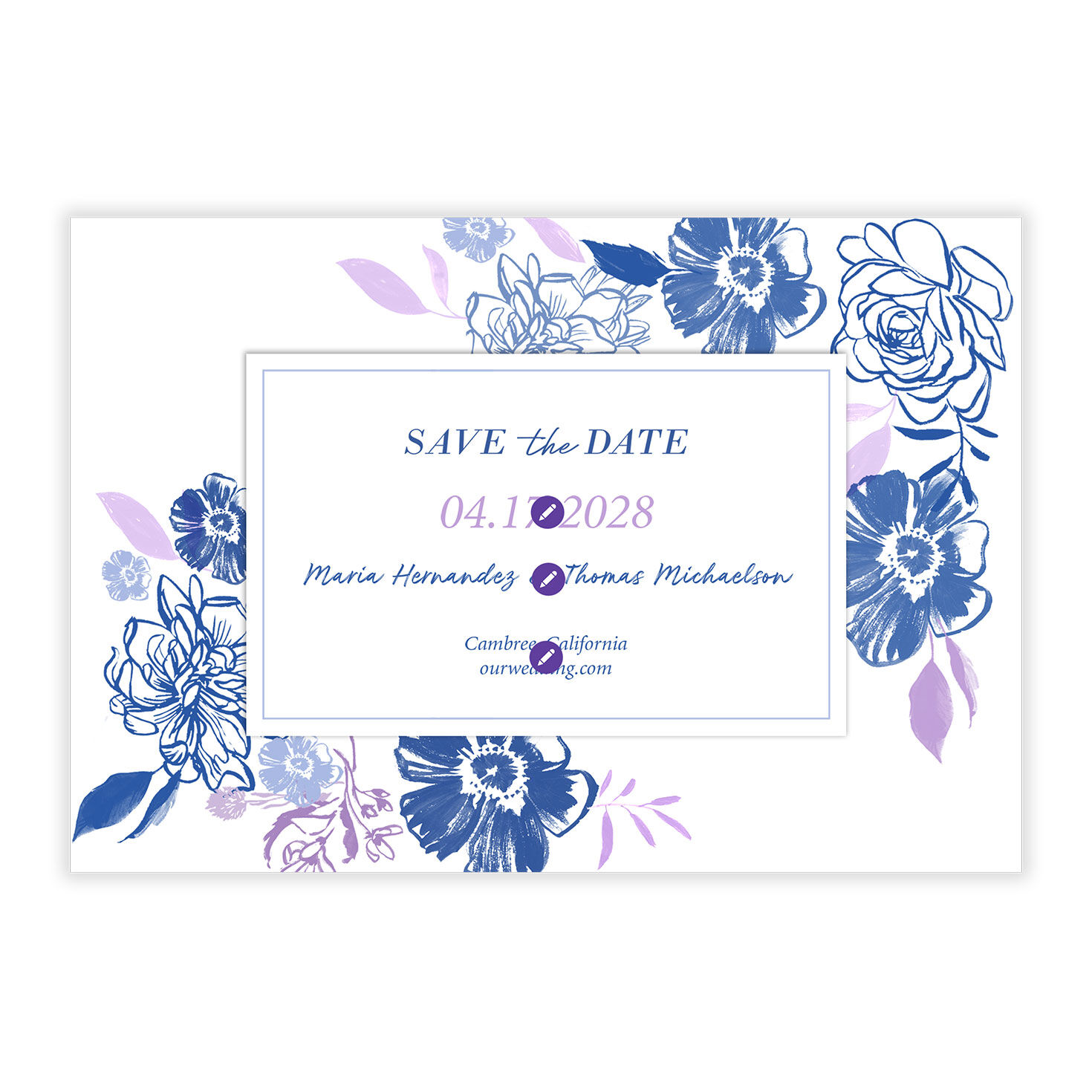 Blue Flower Drawings Personalized Save the Date Card Card Front indicating personalization image number 5