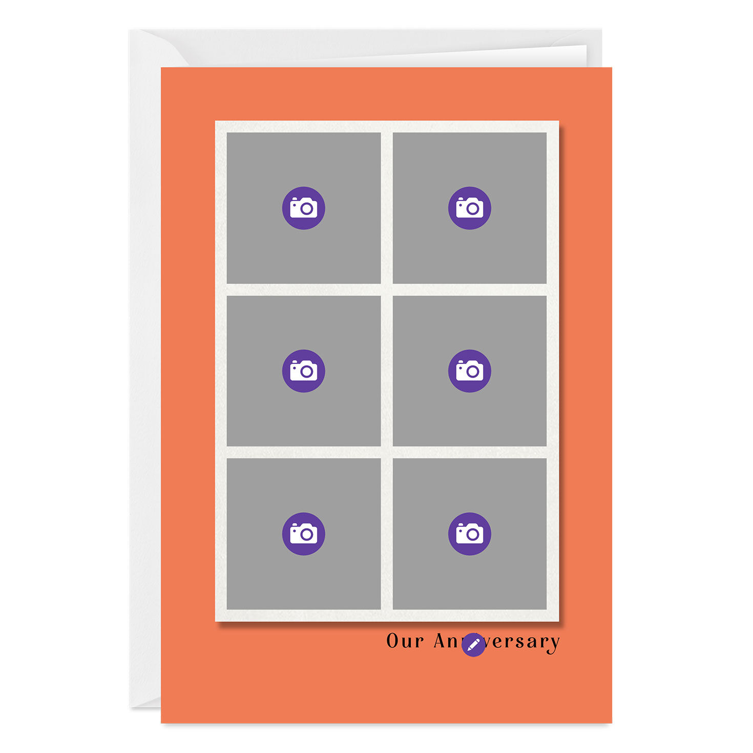 Photo Grid on Orange Personalized Anniversary Card Card Front indicating personalization image number 3