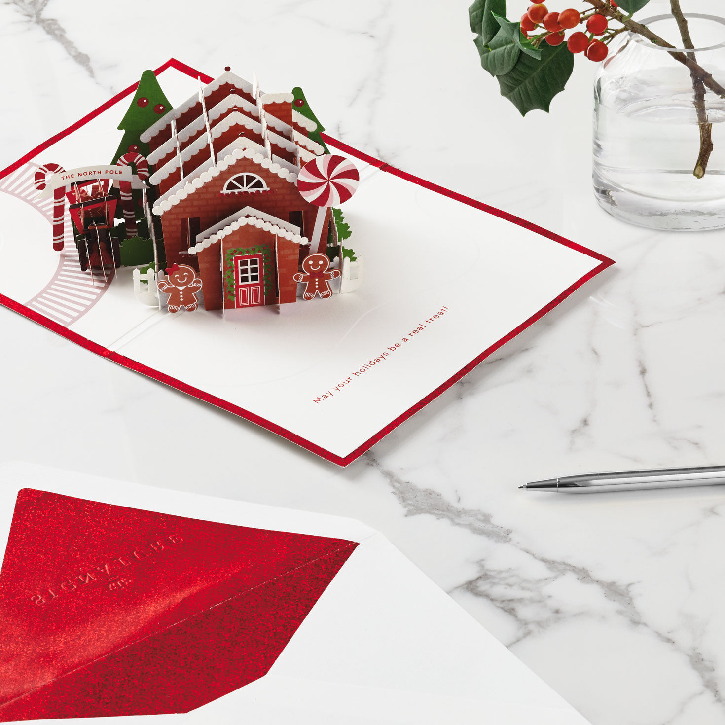 Gingerbread House Pop-Up Christmas Card Open cardwith envelope and pen image number 8