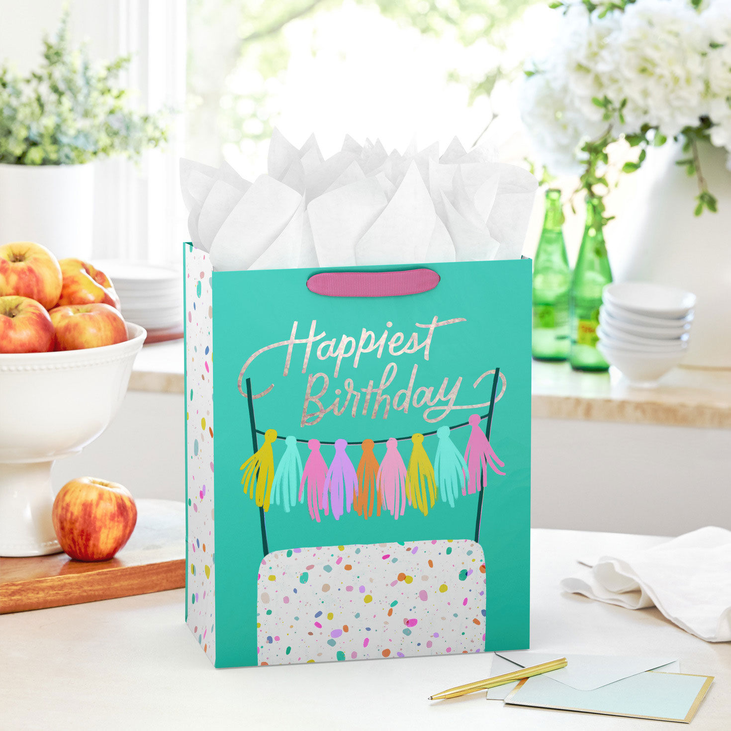 Happiest Birthday With Cake on Teal Large Gift Bag in use image number 2