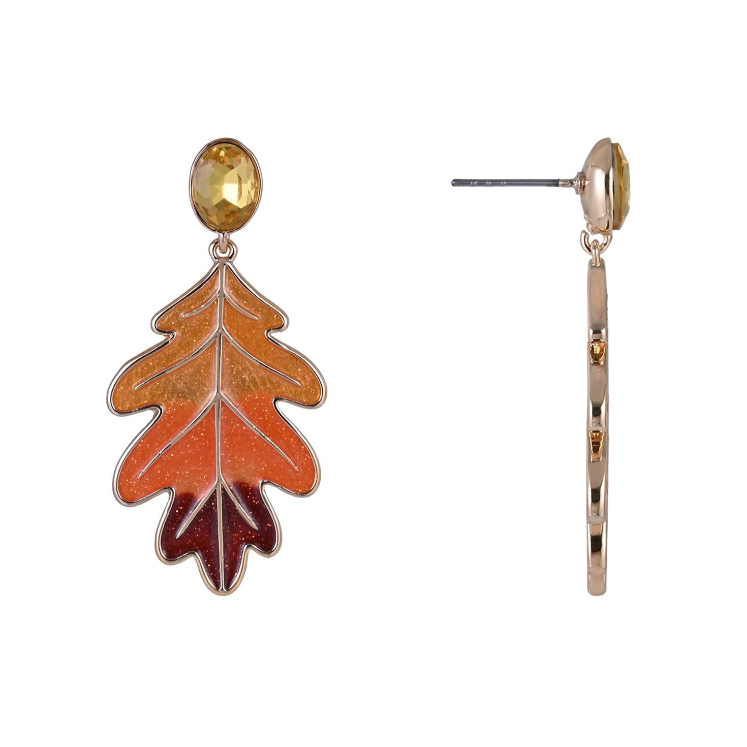 Glitter Enamel Oak Leaf Earrings front and side image number 2