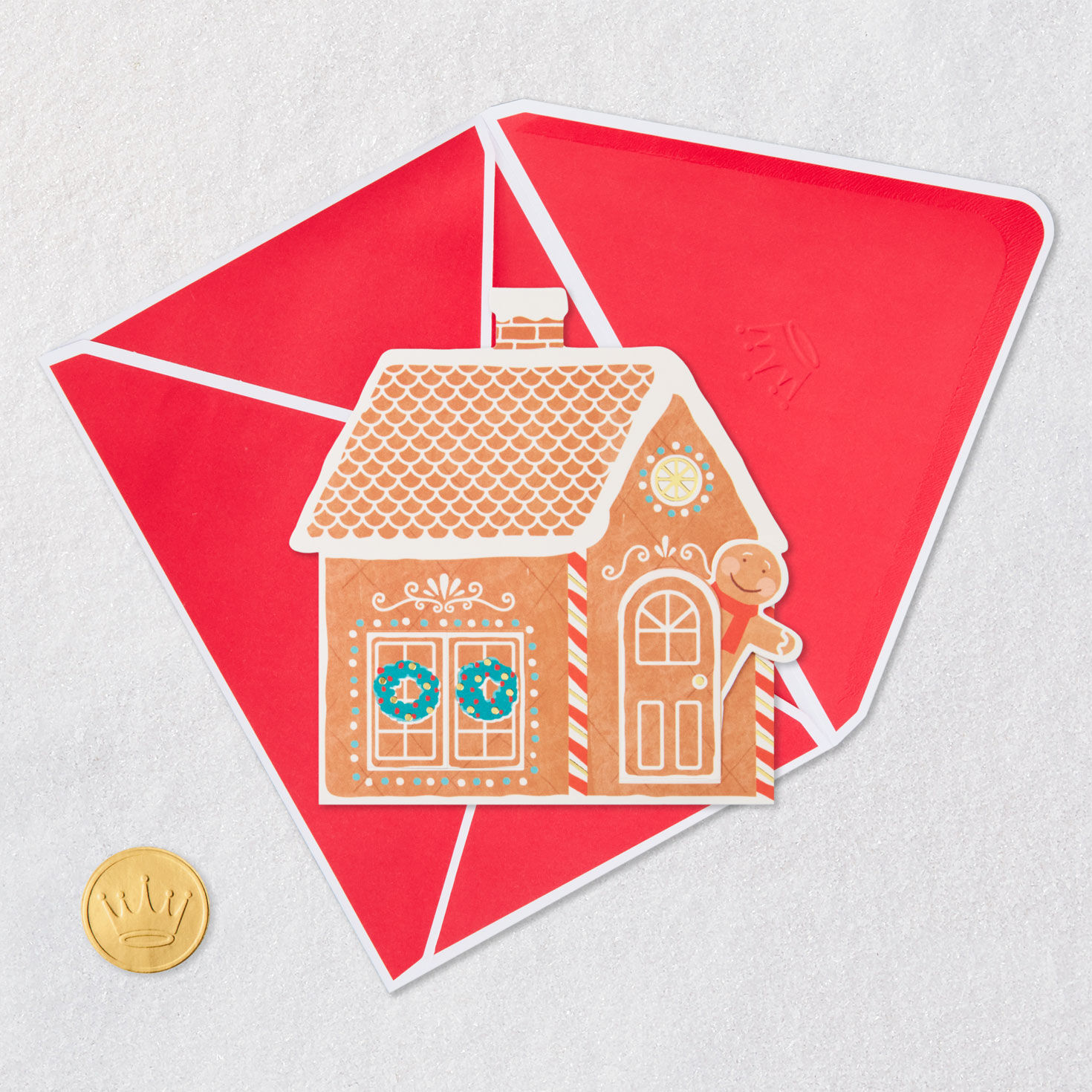 Paper Craft Gingerbread House Christmas Card Card Front with Envelope and Gold Seal image number 6