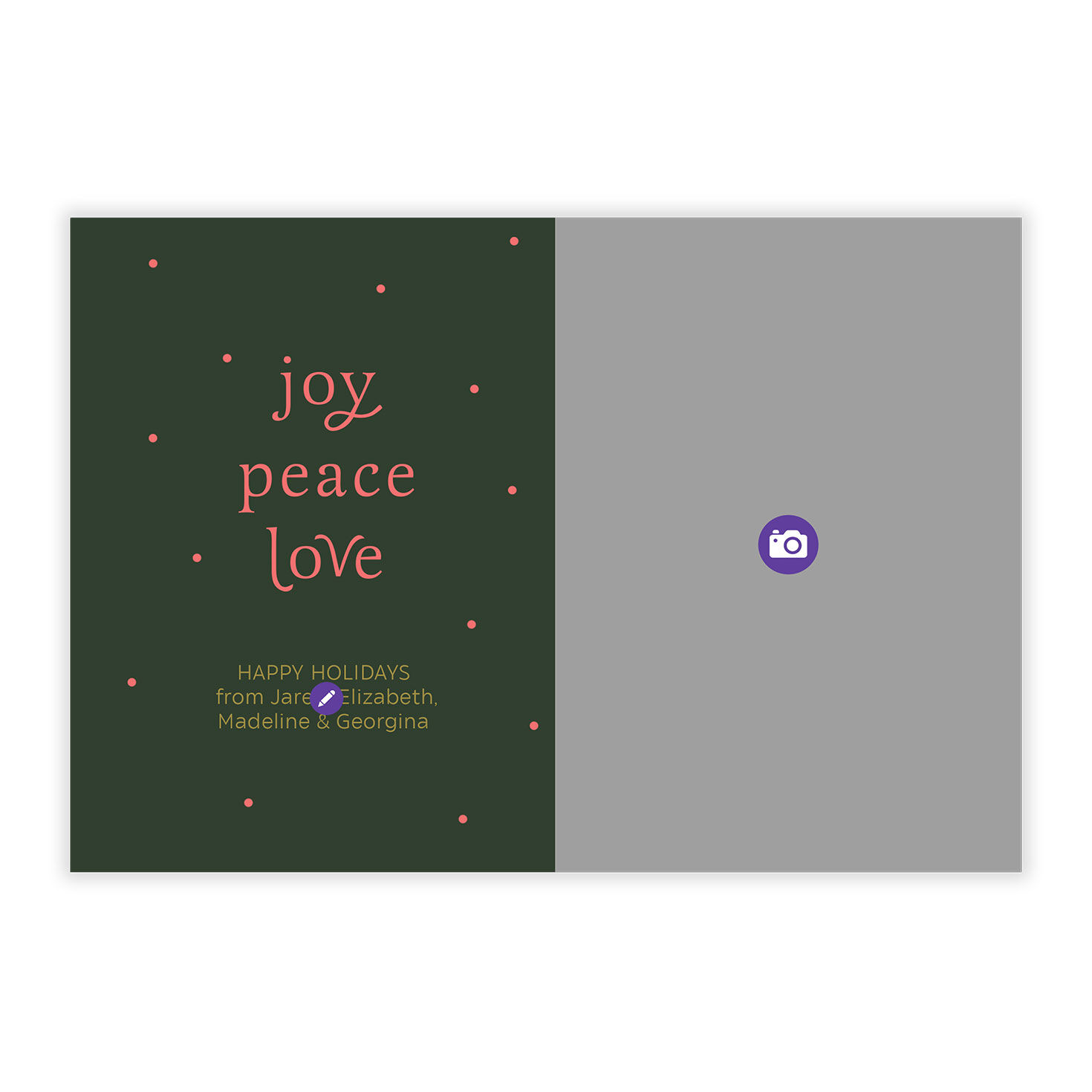 Joy Peace Love on Green Personalized Photo Card Card Front indicating personalization image number 5
