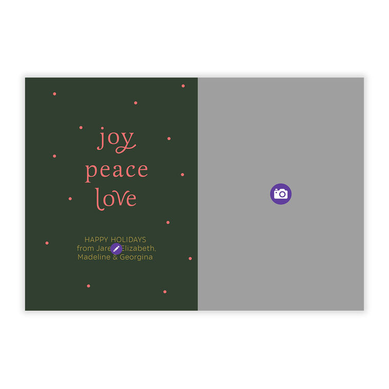 Joy Peace Love on Green Personalized Photo Card Card Front indicating personalization image number 5