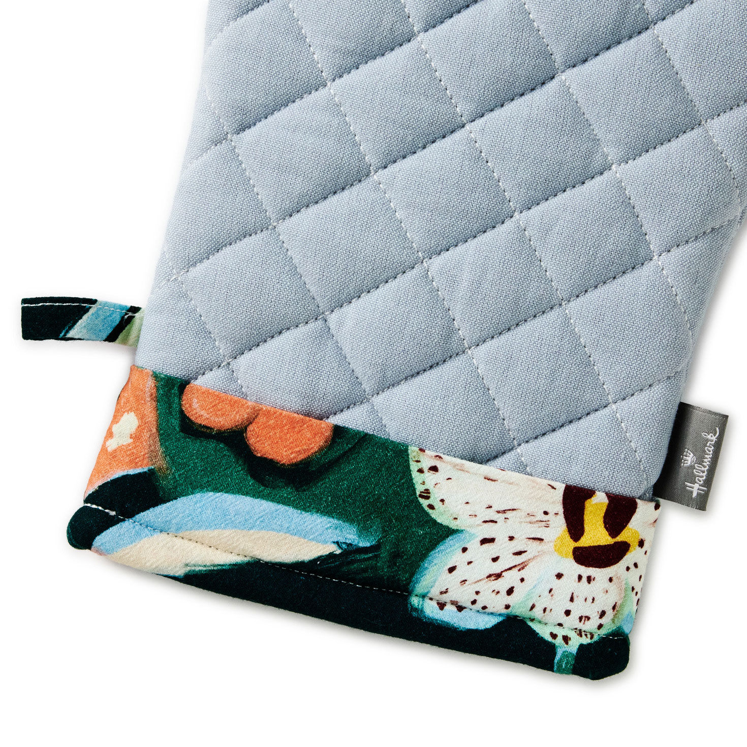 Solid Blue Oven Mitt With Floral Cuff upclose view image number 3