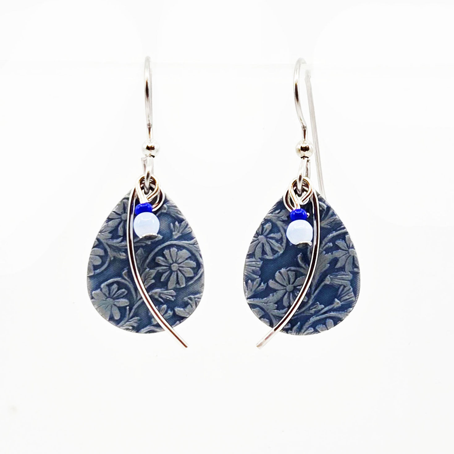 Silver Forest Blue Teardrop and Silver Metal Arc Drop Earrings
