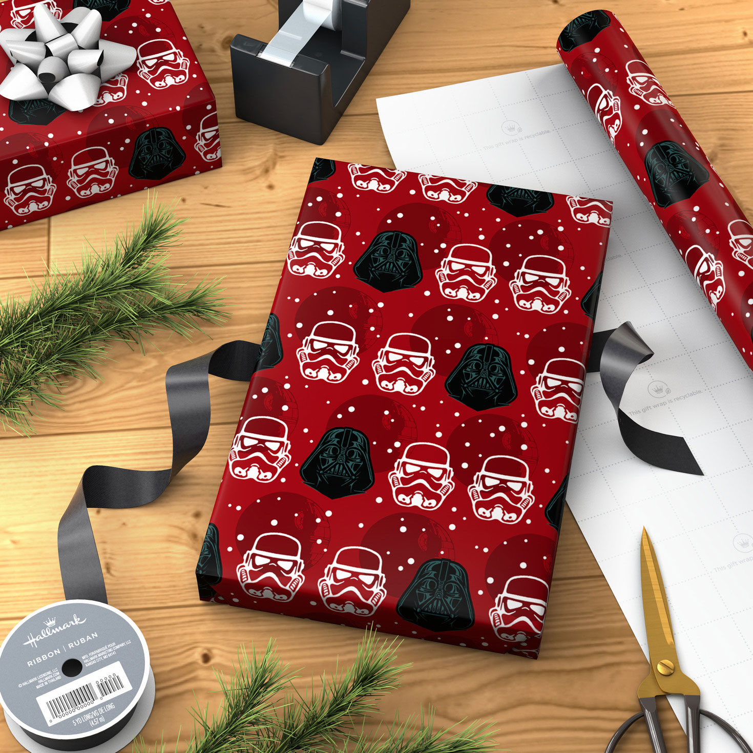 Star Wars&trade; Darth Vader&trade; and Stormtrooper&trade; Helmets on Red Holiday Wrapping Paper Roll, 25 sq. ft., , large image number 3