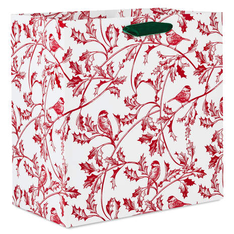 15" Red Birds and Holly Print Extra-Deep Christmas Gift Bag, , large
