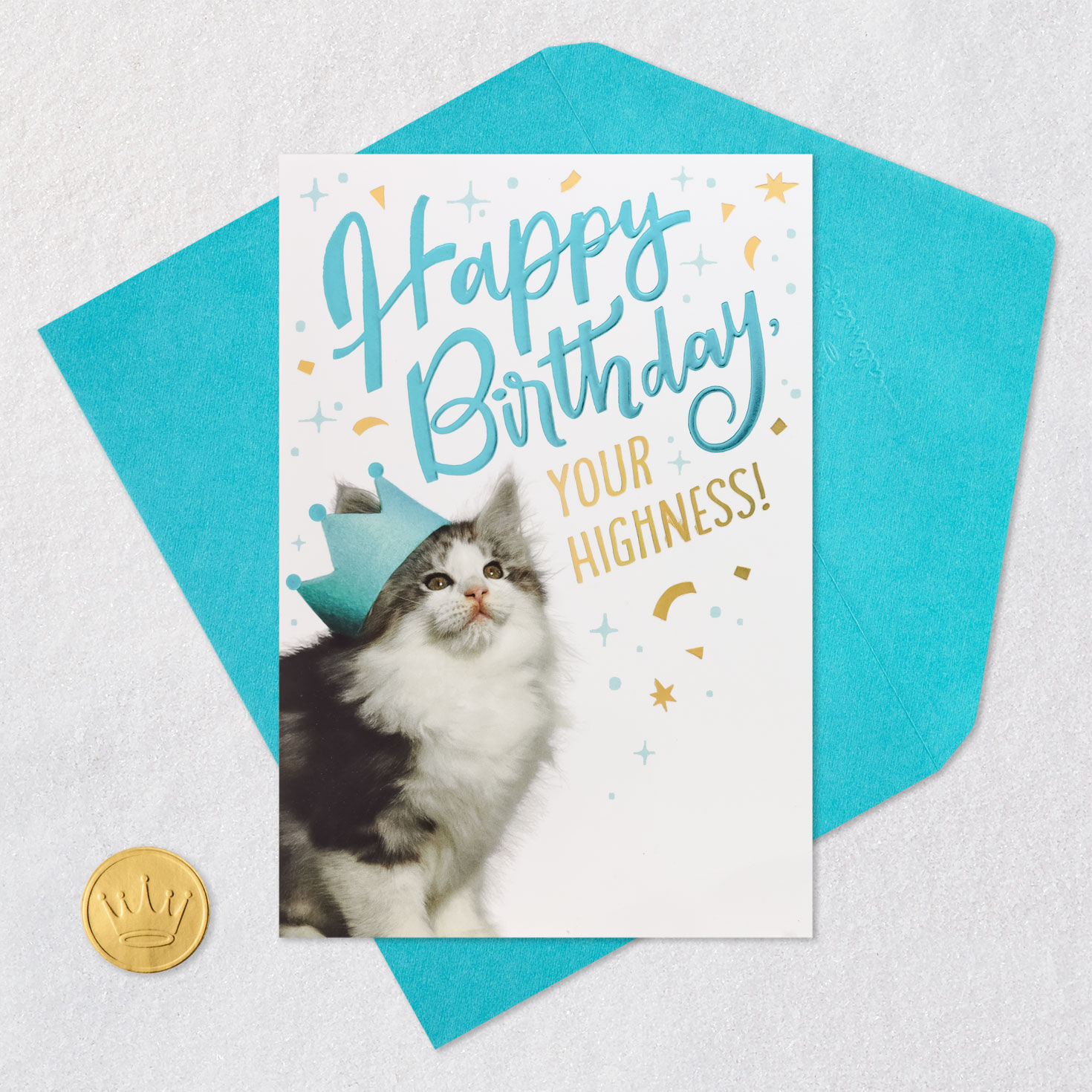 Teal and Yellow Cat Crown Birthday Card Card Front with Envelope and Gold Seal image number 5