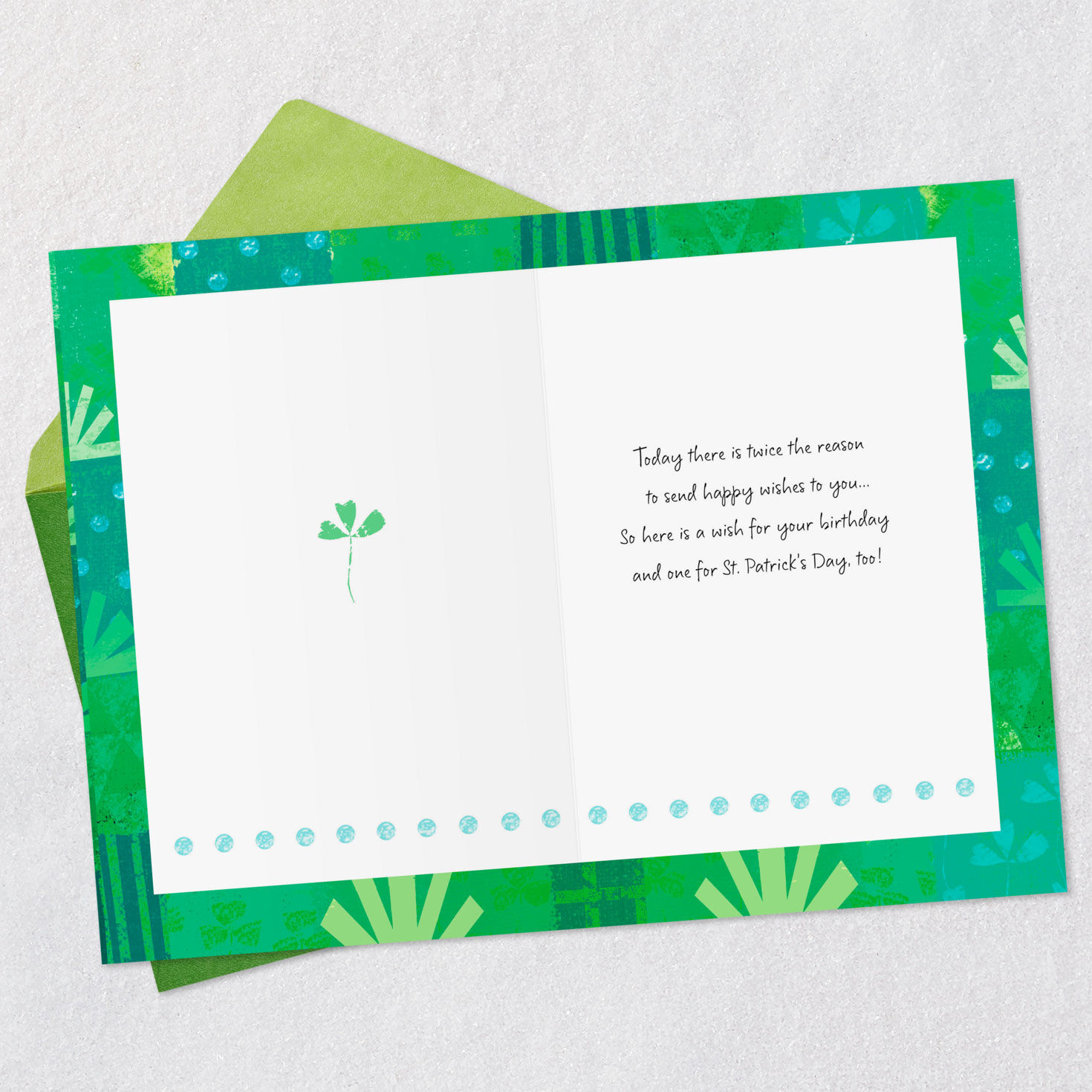 Green Cake and Candles St. Patrick's Day Birthday Card Open card with envelope image number 3