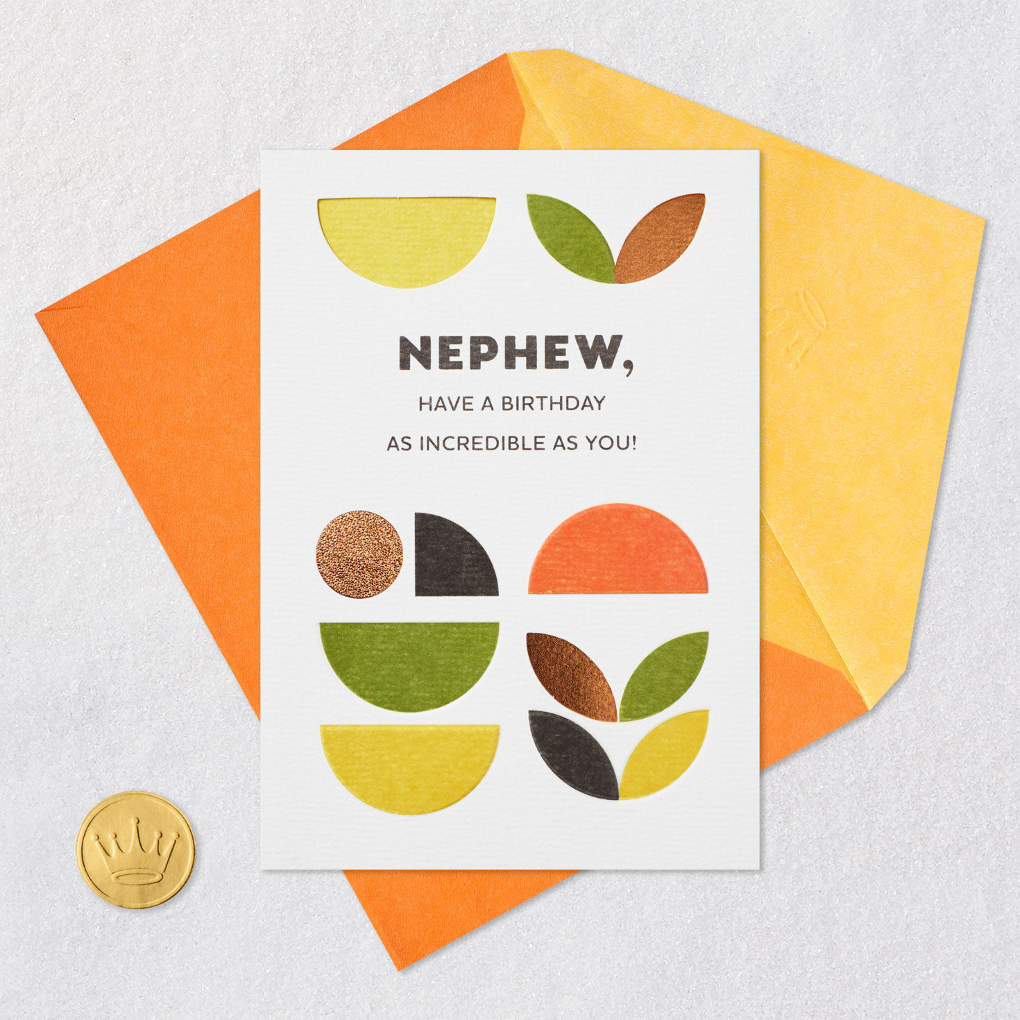 Green, Yellow and Bronze Abstract Shapes Nephew Birthday Card Card Front with Envelope and Gold Seal image number 7
