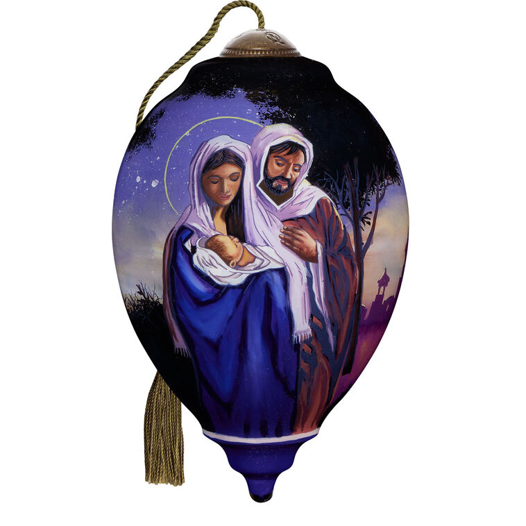 Ne'Qwa Art O Holy Night Mary, Joseph and Jesus Glass Christmas Ornament