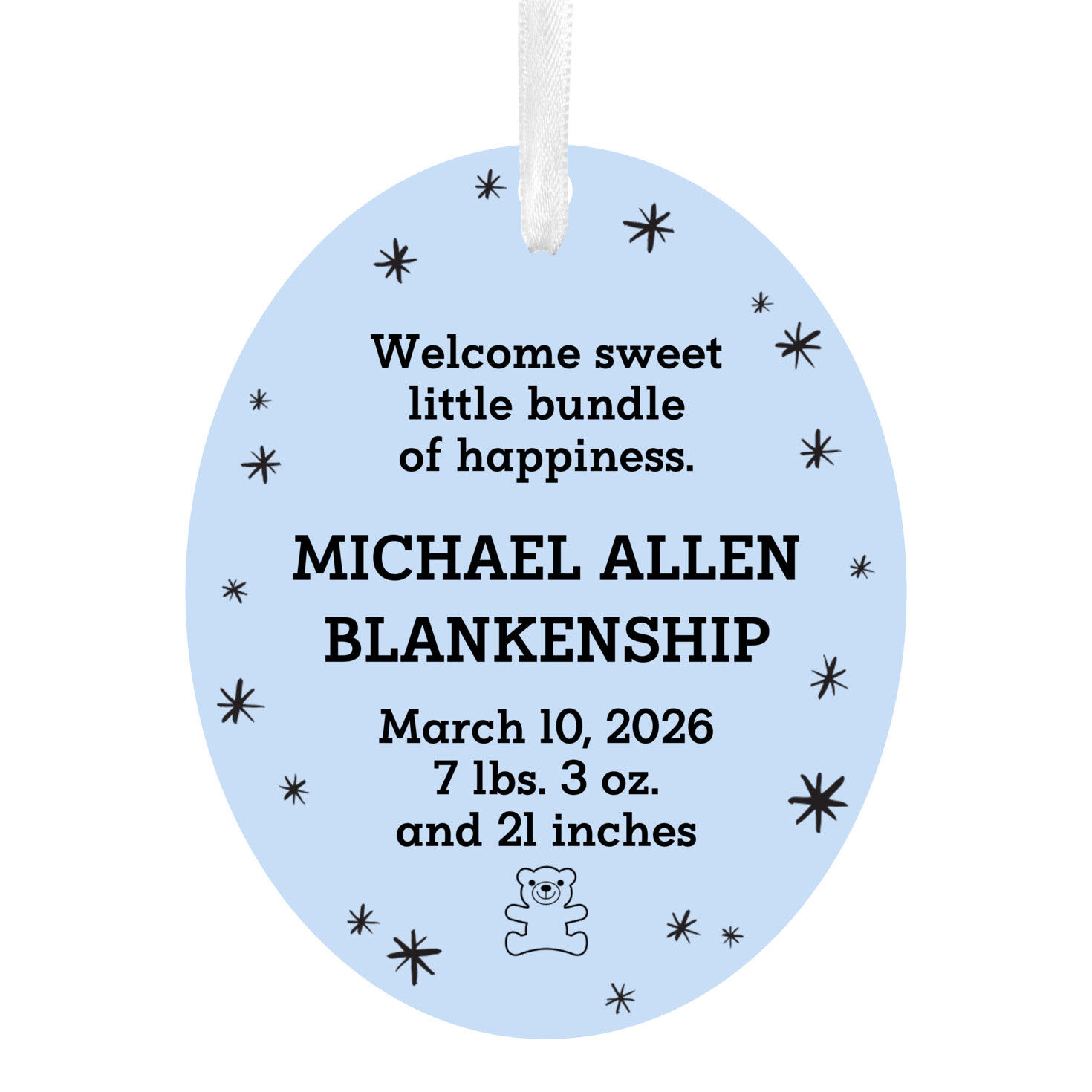 Vertical Oval Metal Personalized Ornament, Custom Text