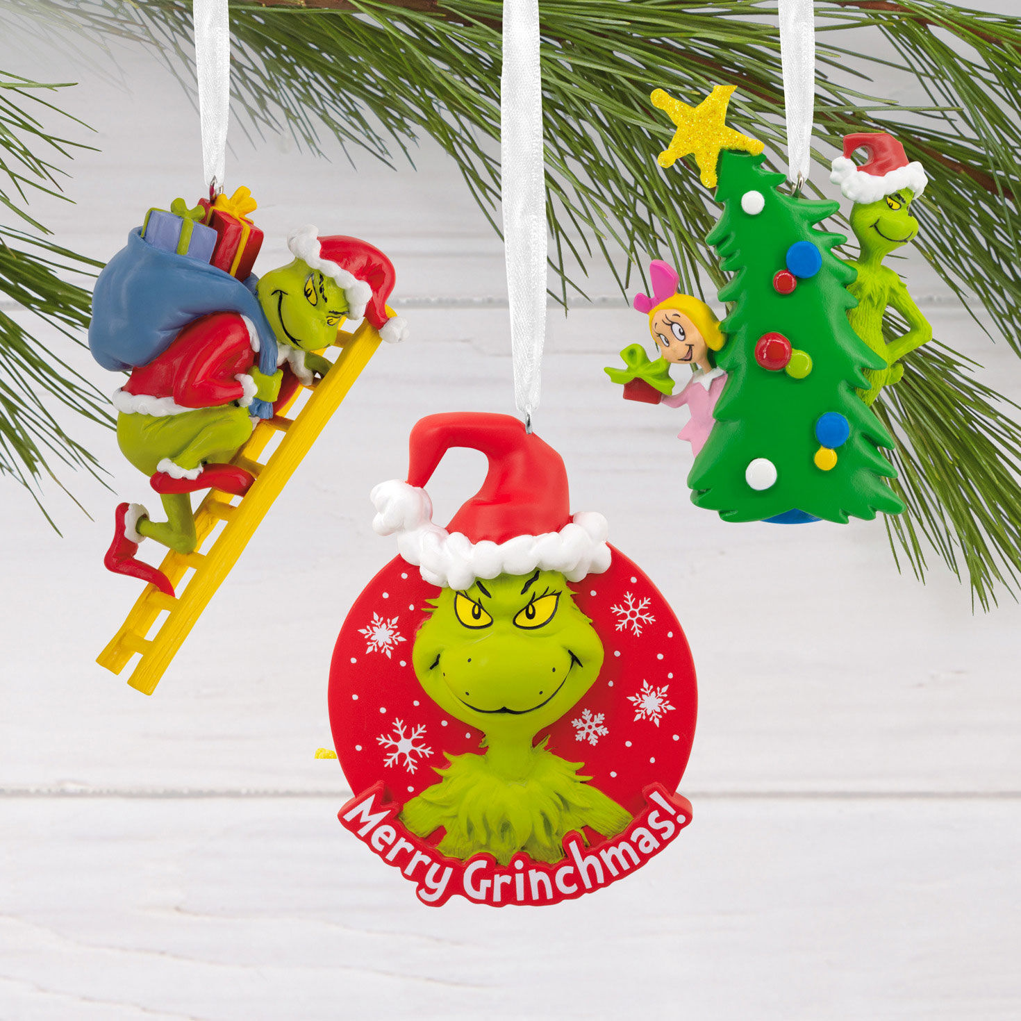 Set of 5 Grinch Christmas Ornaments hanging on tree image number 2