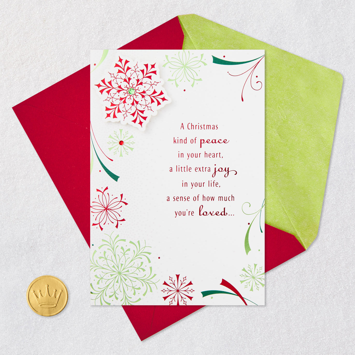 Modern Red and Green Snowflakes Christmas Card Card Front with Envelope and Gold Seal image number 6