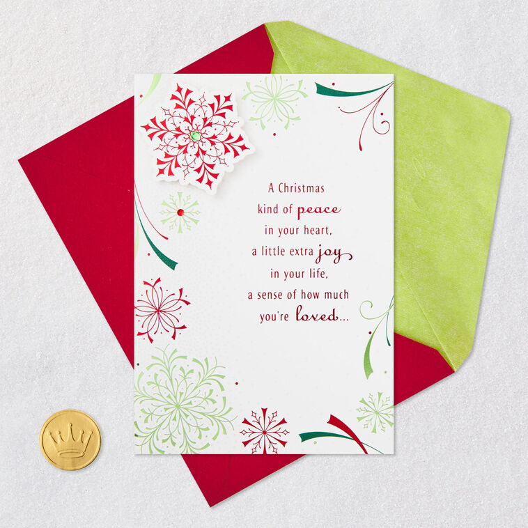 Modern Red and Green Snowflakes Christmas Card Card Front with Envelope and Gold Seal image number 6