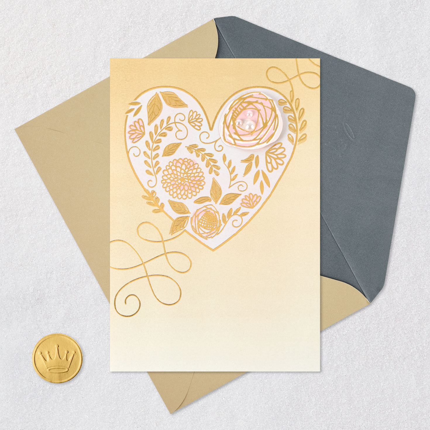 Pink and Gold Bejeweled Floral Heart Blank Card Card Front with Envelope and Gold Seal image number 4