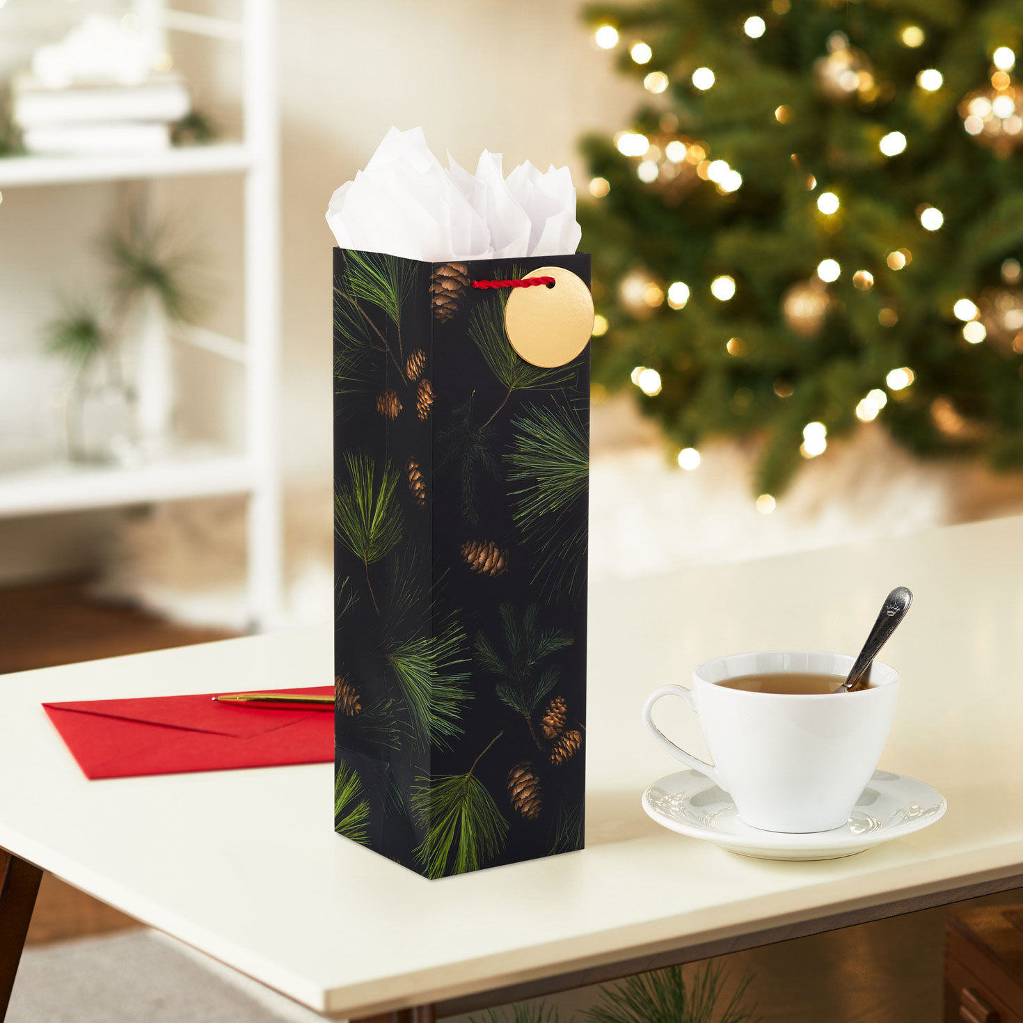 13 Pine Boughs on Black Holiday Wine Gift Bag Gift Bags Hallmark