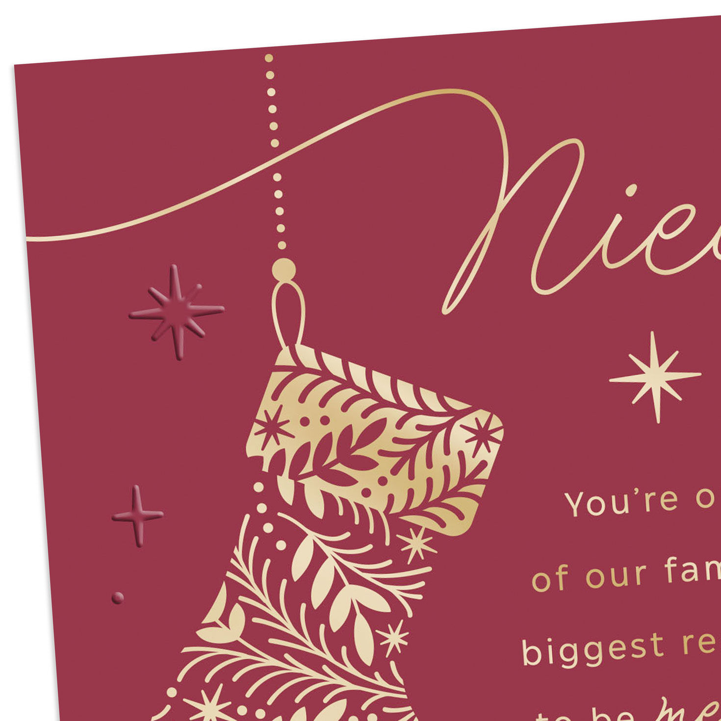 Gold Botanical Stocking on Mauve Christmas Card for Niece Card Front Detail image number 4