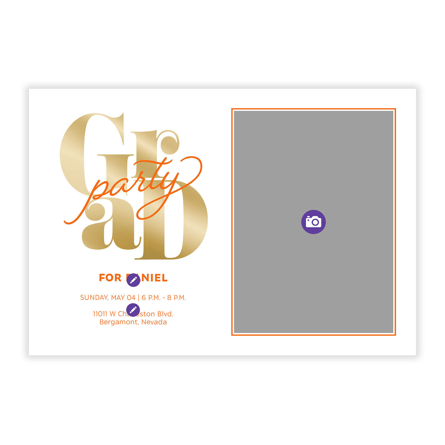 Gold and Orange Personalized Grad Party Invitation Card Front indicating personalization image number 5