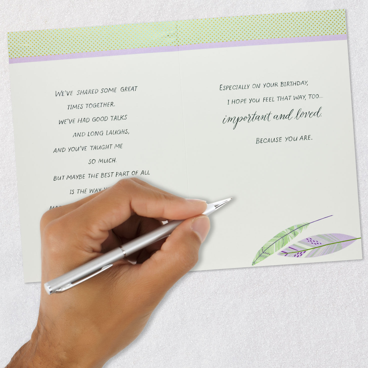 Green and Purple Feathers Wife Birthday Card Signing card image number 7
