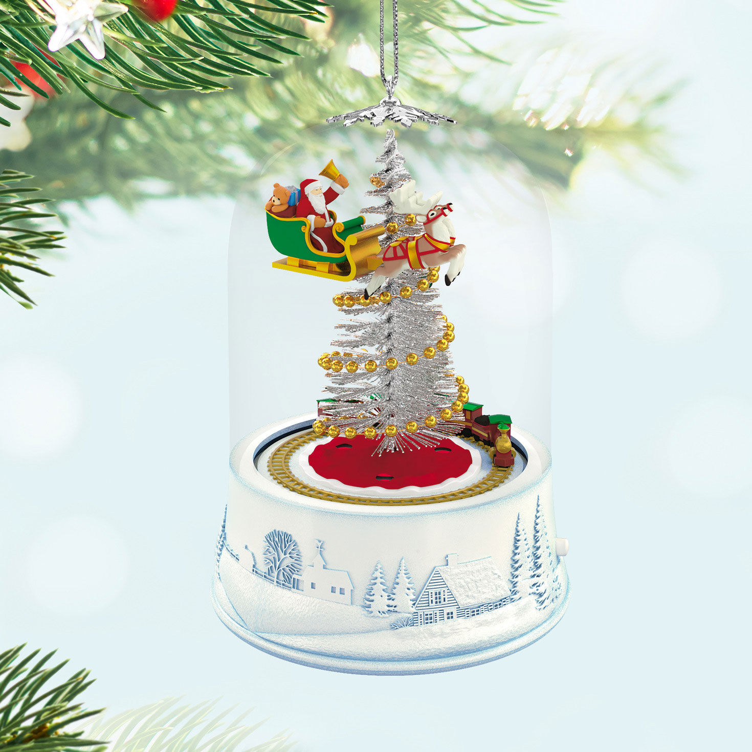 Santa Flying Around Tree Keepsake Ornament hanging on tree image number 2