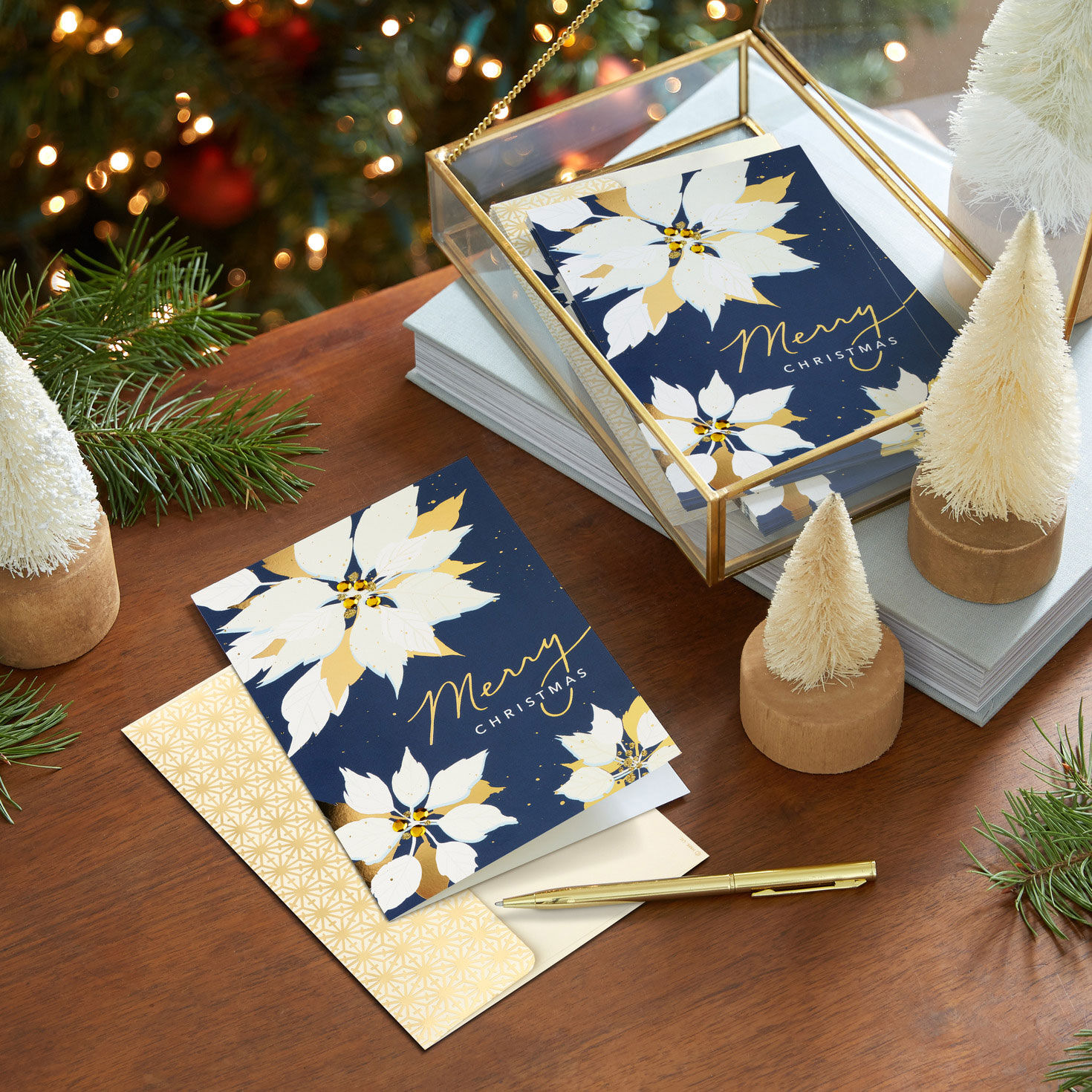 Poinsettia Blooms on Blue Boxed Christmas Cards In use image number 7
