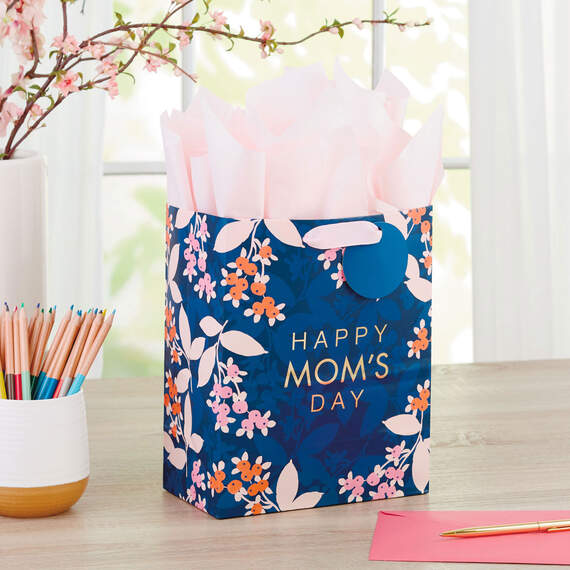 9.6" Floral on Navy Medium Mother's Day Gift Bag With Tissue, , large image number 2