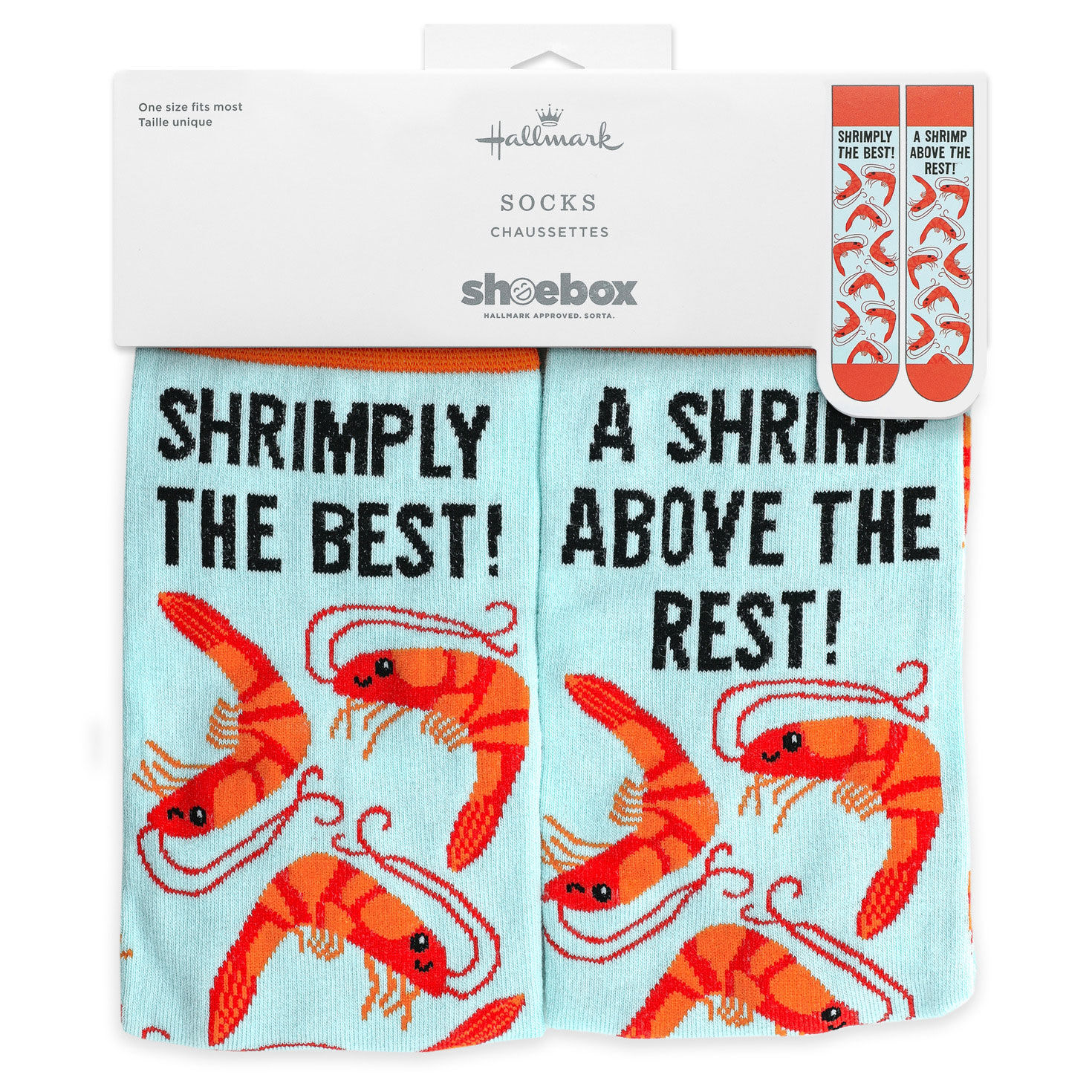 Dancing Shrimp on Aqua Punny Crew Socks package front image number 5