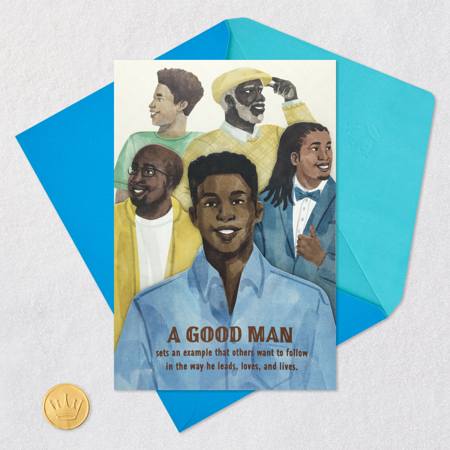 Black Men Watercolor Portraits Father's Day Card Card Front with Envelope and Gold Seal image number 6