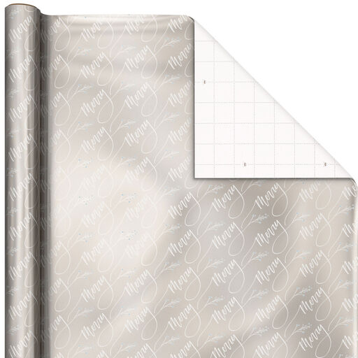 Merry Script Lettering on Metallic Pewter Christmas Wrapping Paper, 25 sq. ft., 