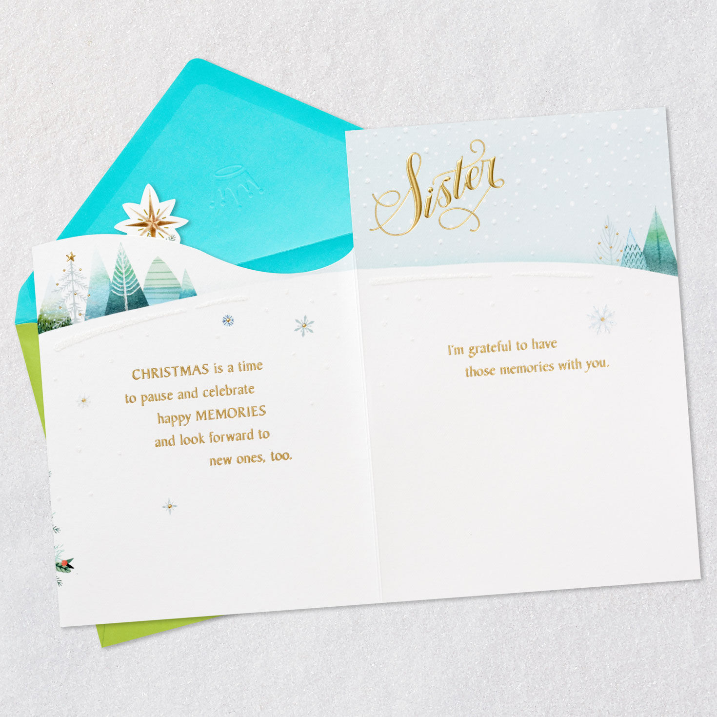 Decorated Tree in Snow Sister Christmas Card Open card with envelope image number 5