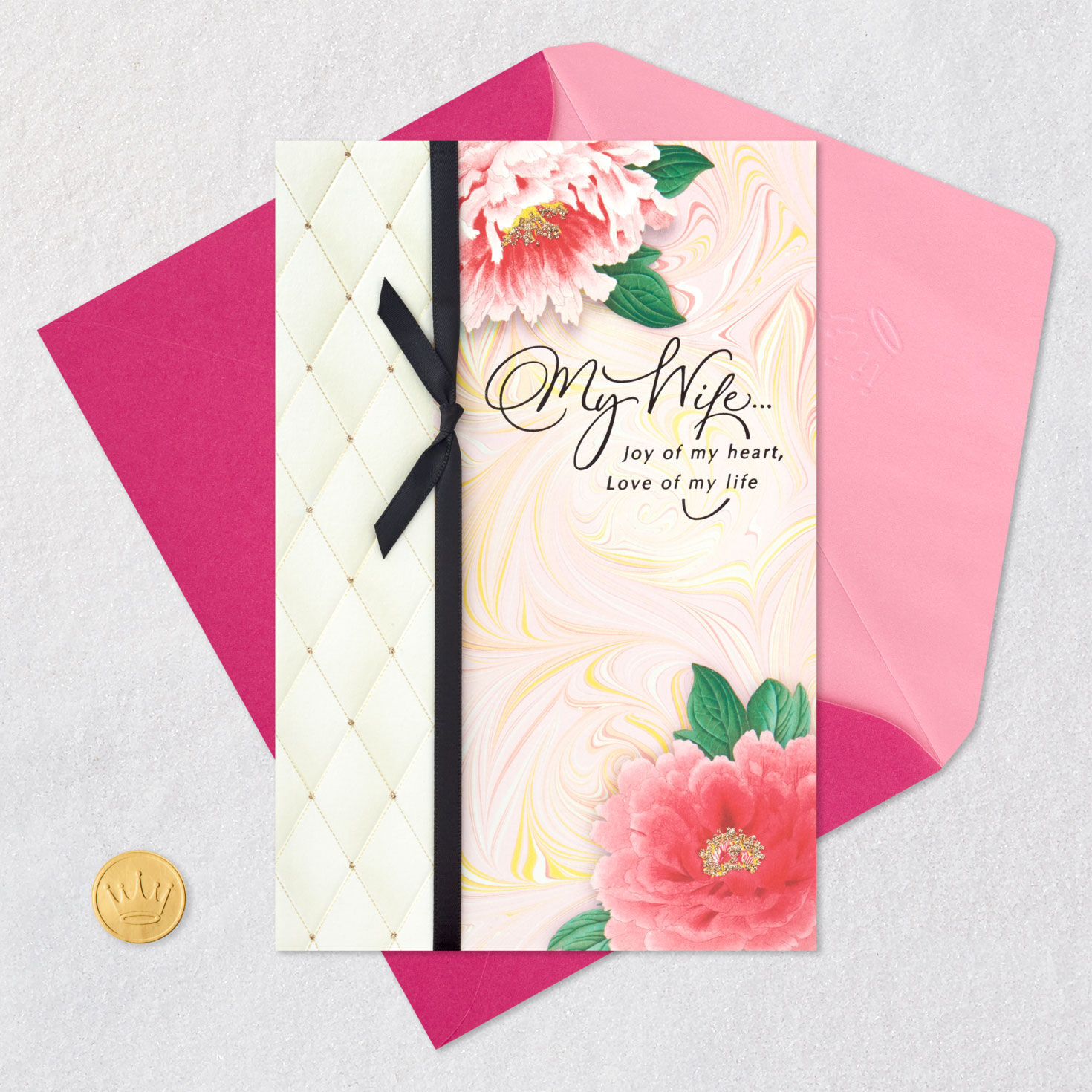 Elegant Pink Flowers Mother's Day Card for Wife Card Front with Envelope and Gold Seal image number 6