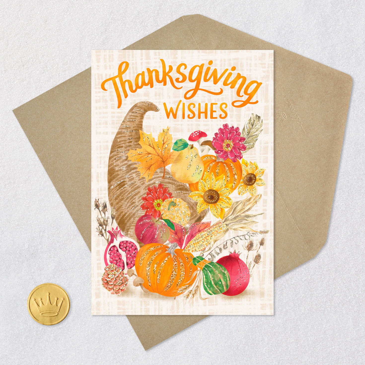 Rustic Cornucopia Thanksgiving Card Card Front with Envelope and Gold Seal image number 5