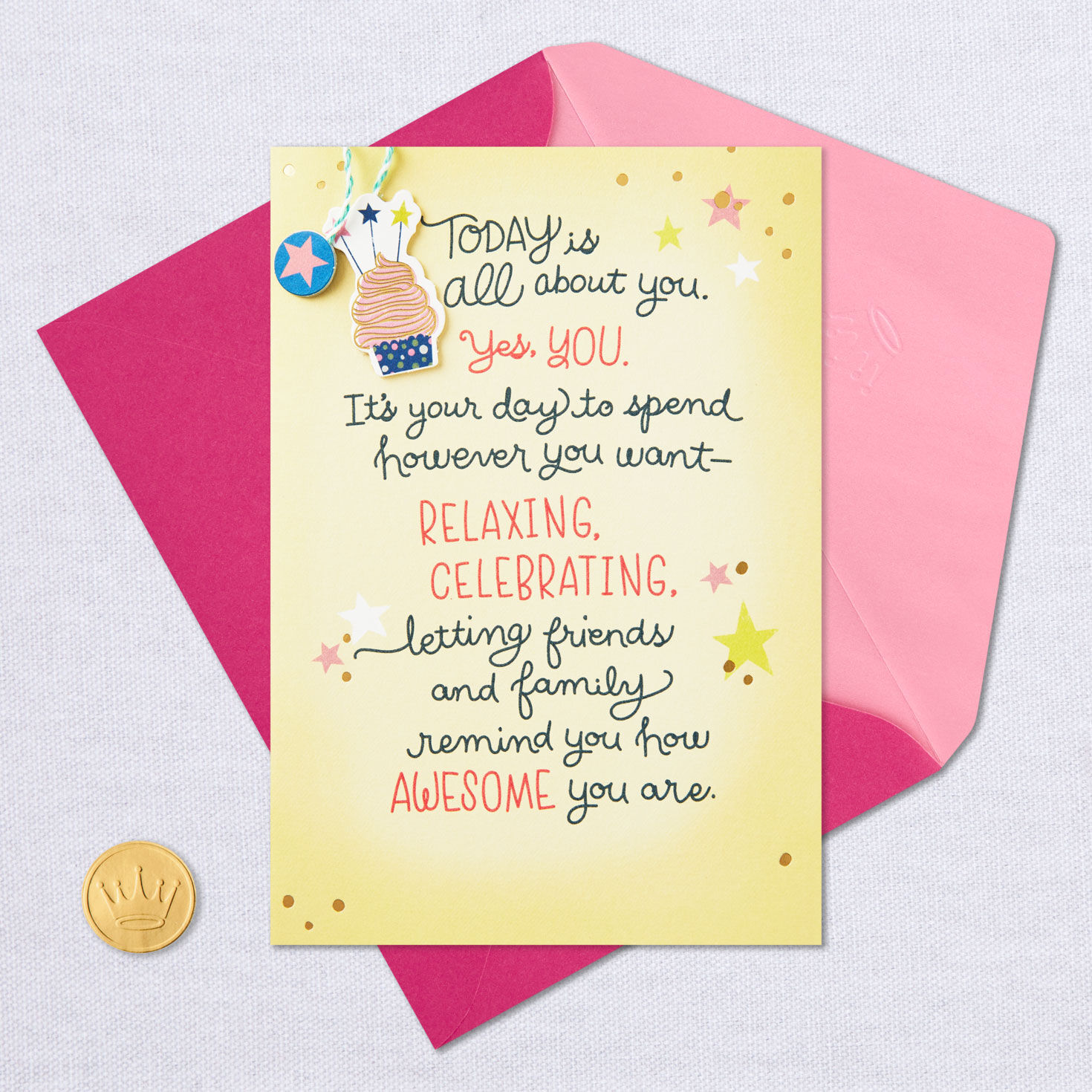 Cupcake on Yellow Birthday Card Card Front with Envelope and Gold Seal image number 5