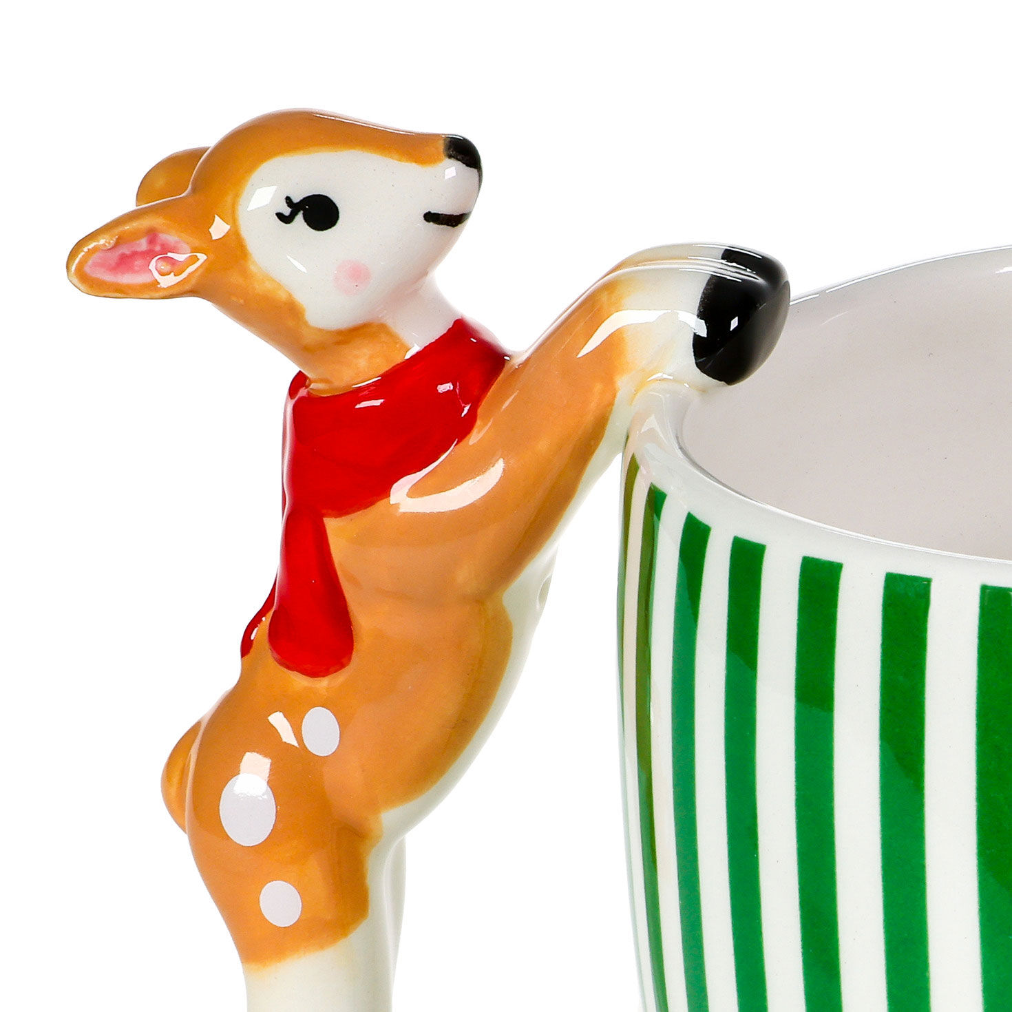 Green and White Striped Mug With Reindeer Handle upclose view image number 4