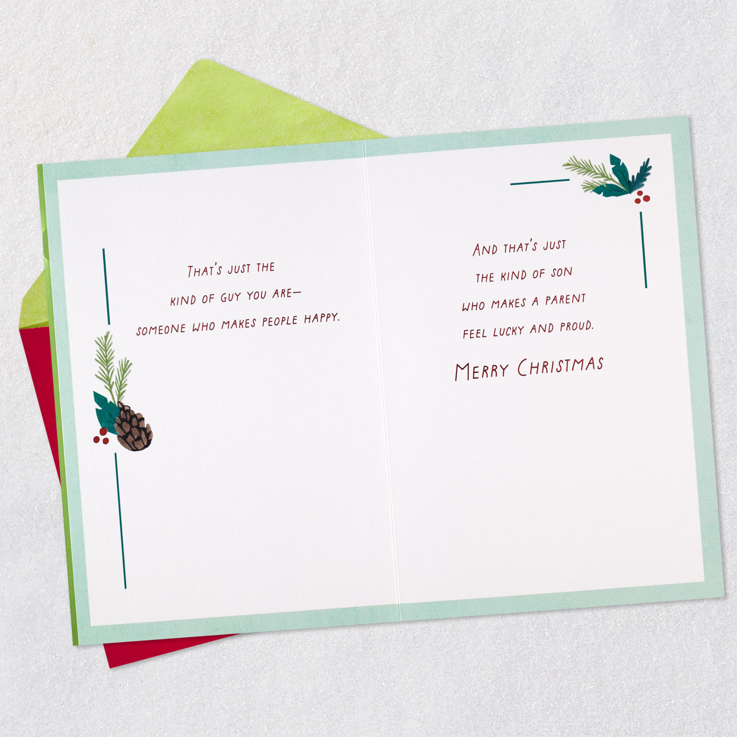 Pine Cone and Holly Son Christmas Card Open card with envelope image number 4