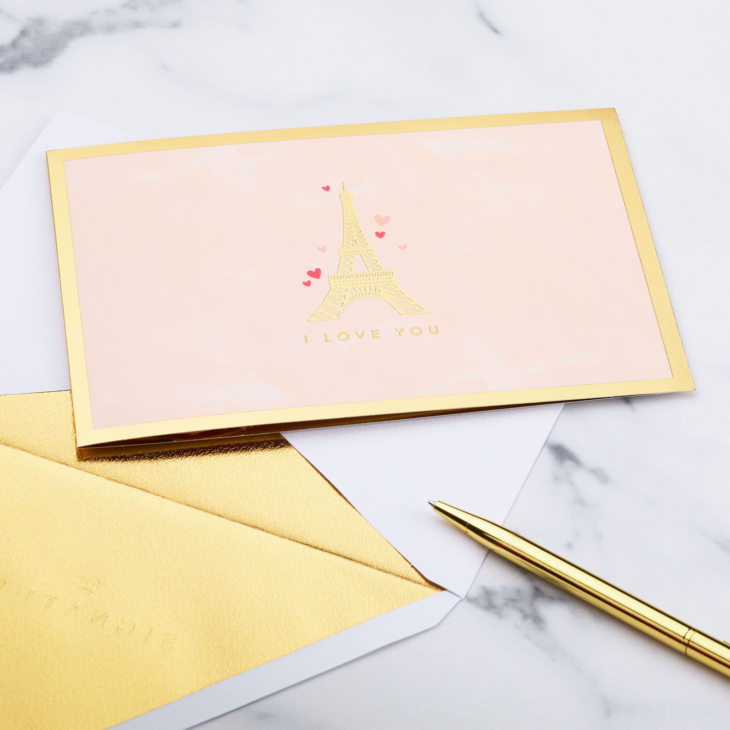 Eiffel Tower on Pink Pop-Up Valentines Love Card Card Front with Envelope and Gold Pen image number 7