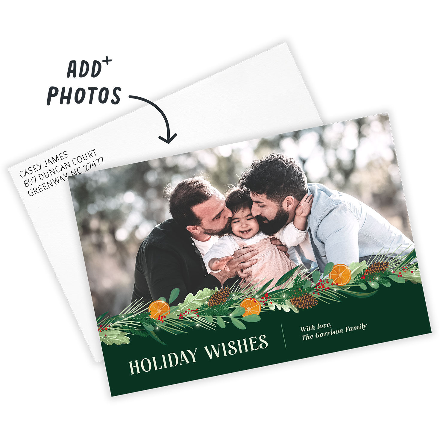 Pine Citrus Garland Personalized Holiday Photo Card Card with Envelope indicating personalization image number 2