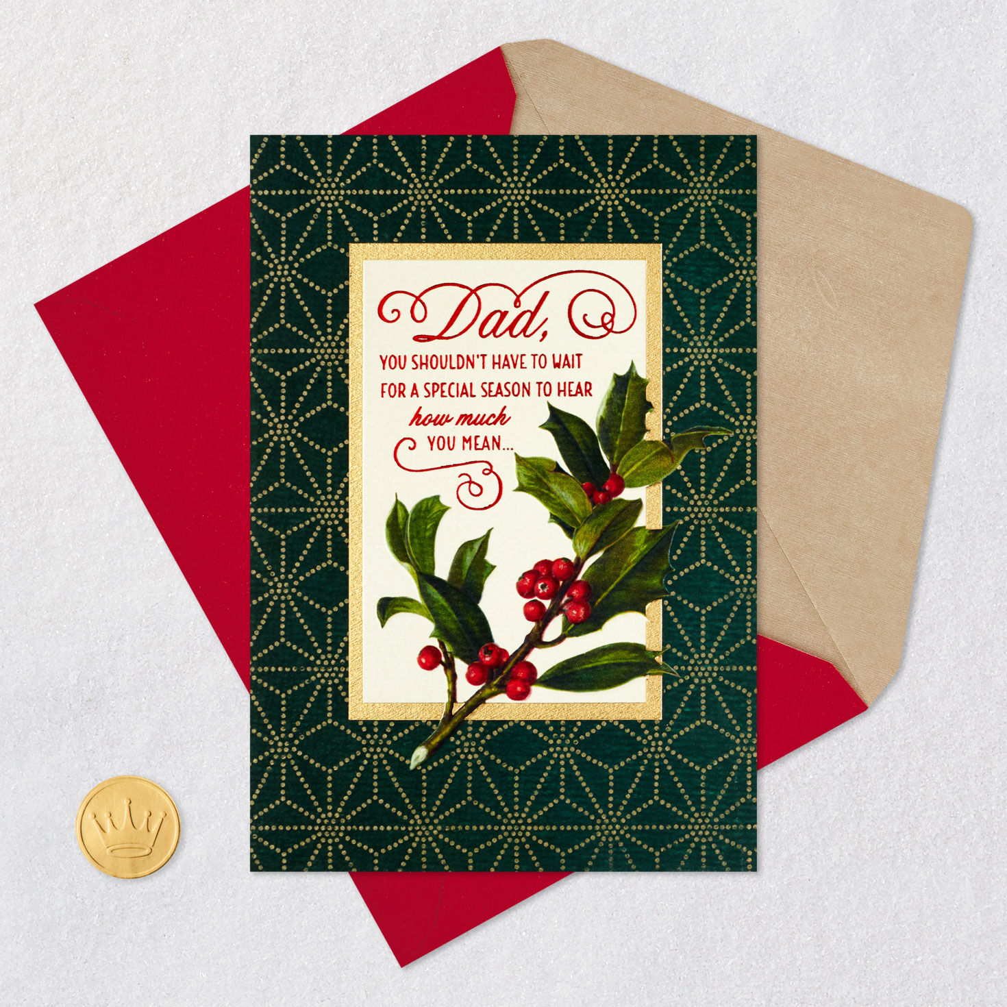 Holly Berries Gold Christmas Card for Dad Card Front with Envelope and Gold Seal image number 6